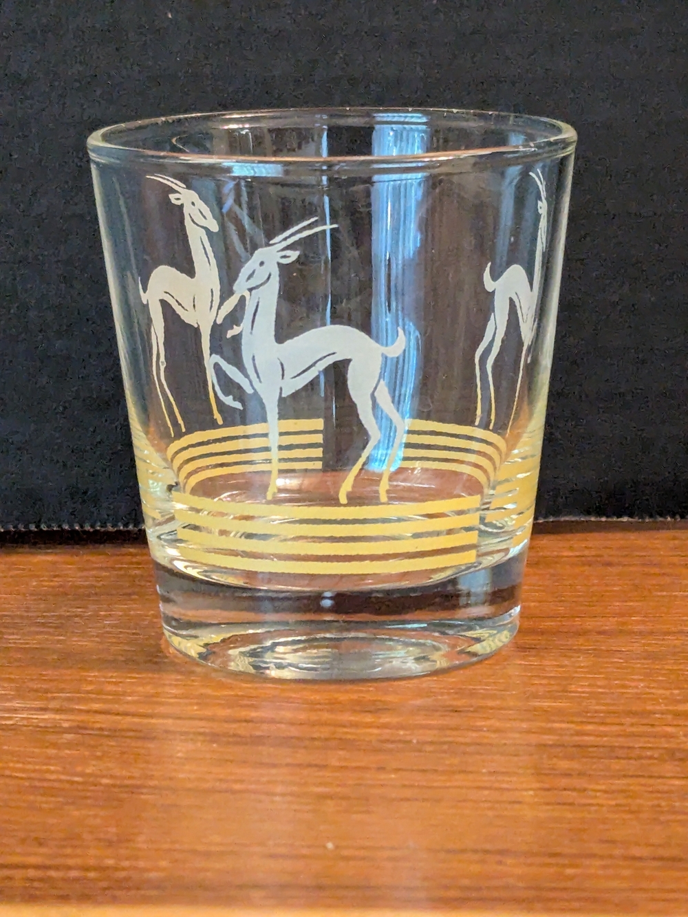 Vintage MCM Hazel Atlas Glass Barware Gazelle Pattern With Gold Stripes.